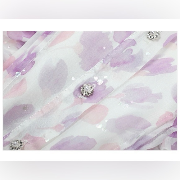 NWT Bow Tie Neck Floral Print Button Front Ruffle Hem A-line Dress Lilac Size S - Picture 8 of 16